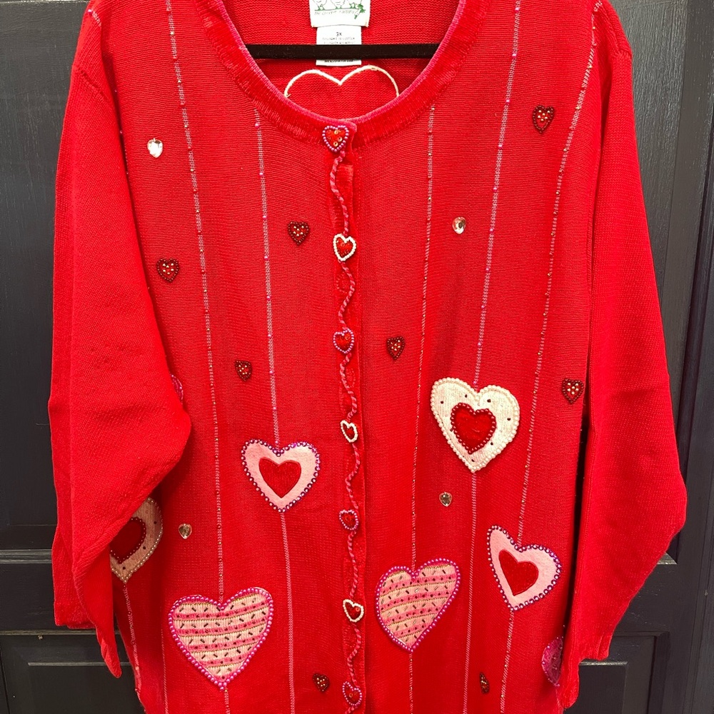 Quacker Factory Red & Pink Cardigan Valentine Heart Sweater Size 3X